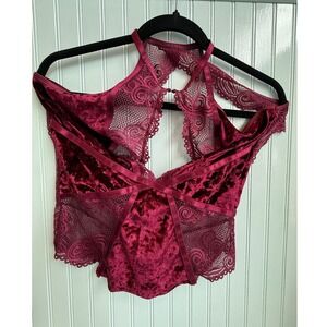 Fredericks of Hollywood Burgundy Velvet Lace Halter Top Size Large Sexy Wedding